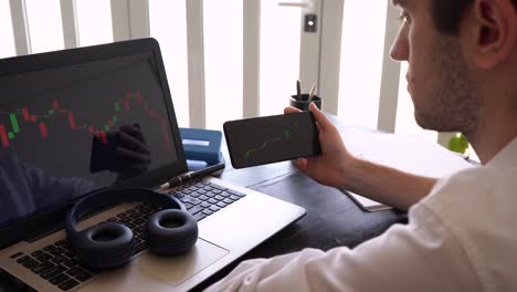 man holding mobile phone and looking at screen of laptop showing stock market bearish candlestick movement