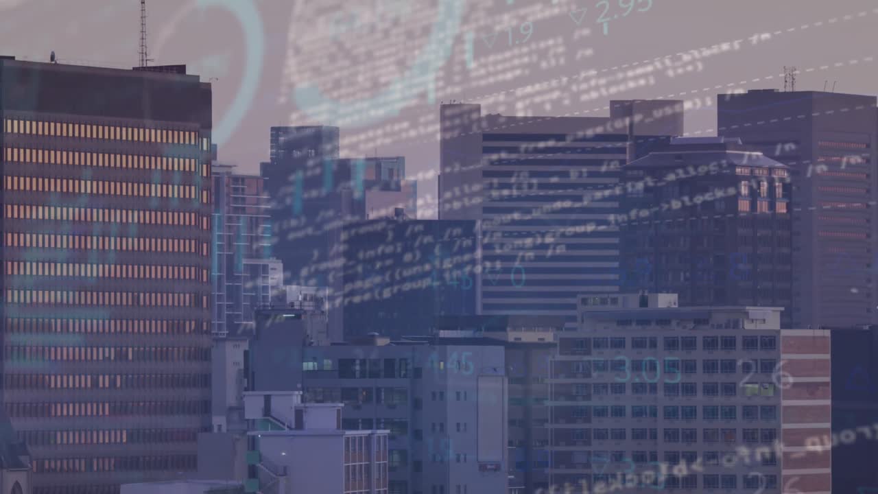 Animation of statistical data processing over aerial view of cityscape