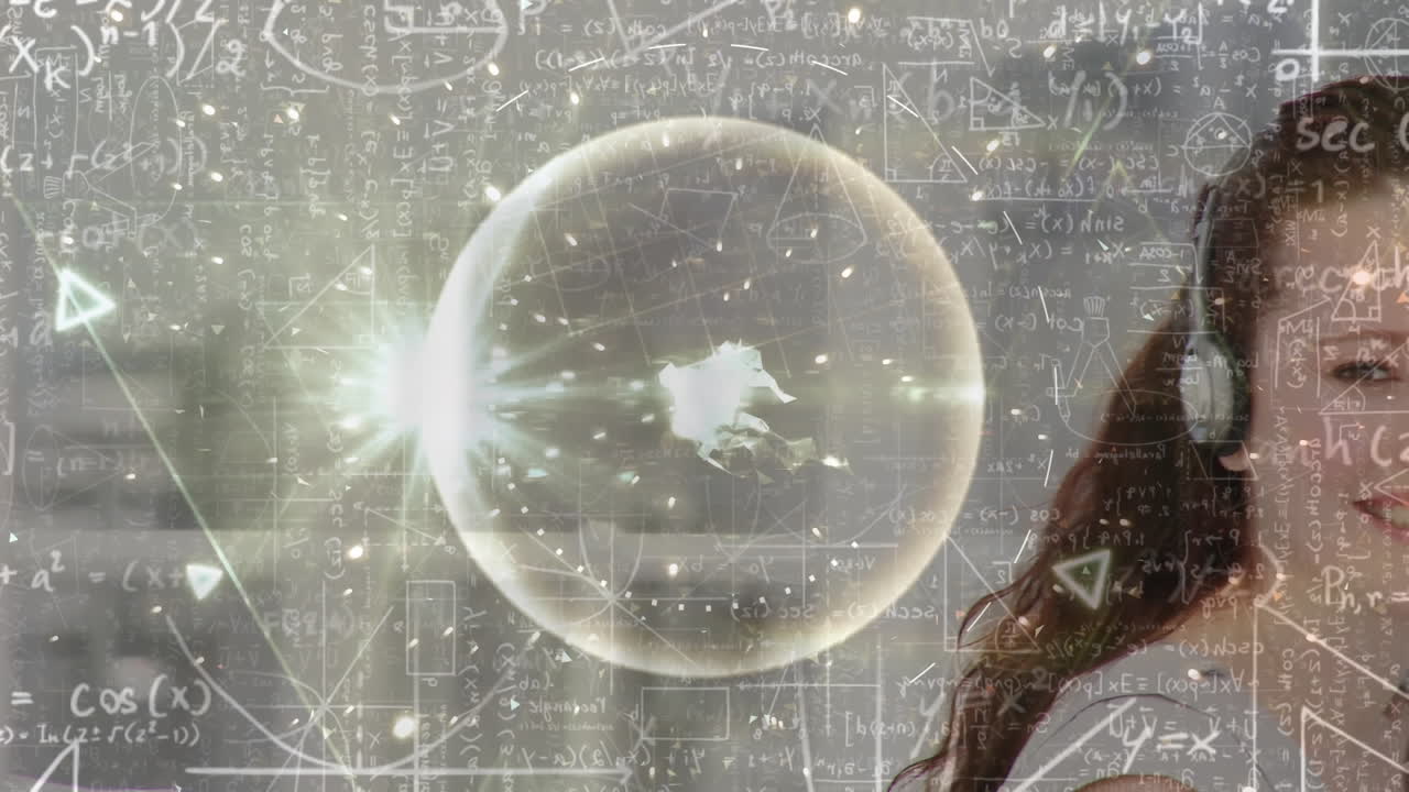 사무실에서 헤드 ⁇ 을 착용한 사업가 여성에 대한 연결 네트워크의 애니메이션