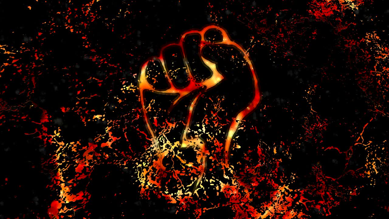 은 주먹은 불타는 스타일의 항의의 상징이며, 화산암의 질감이나 불꽃의 불꽃, 뜨거운 플라즈마가 균열에서 박거린다.