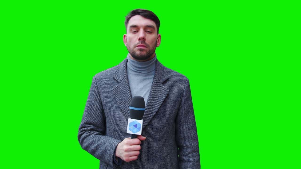 TV Live News Programme: Caucasian Male Presenter Reporting Green Screen Chroma Key Screen Picture. Television Cable Channel Anchor Talks. Network Broadcast Mock-up Playback