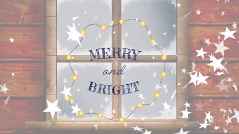 animation of merry and bright text over stars, fairy lights and window at christmas