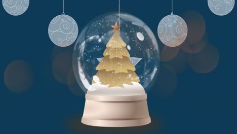 Animation-of-star-and-snow-globe-with-christmas-tree-on-navy-background