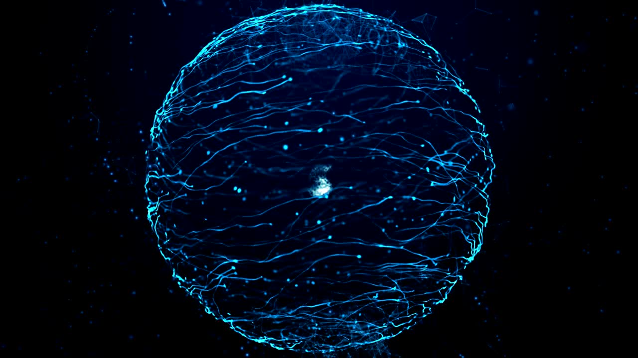 Blue particle energy sphere. Abstract technology, science, engineering and artificial intelligence motion background.
