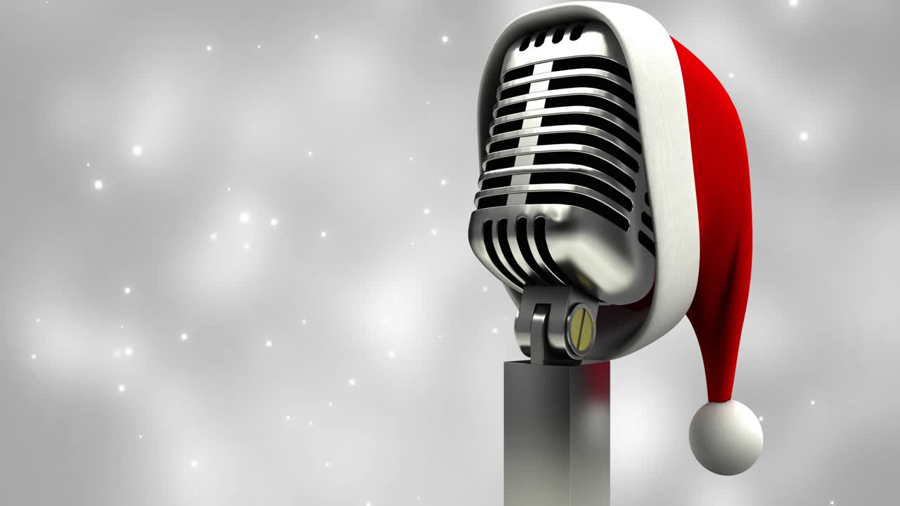 Animation of microphone with santa hat over white spots