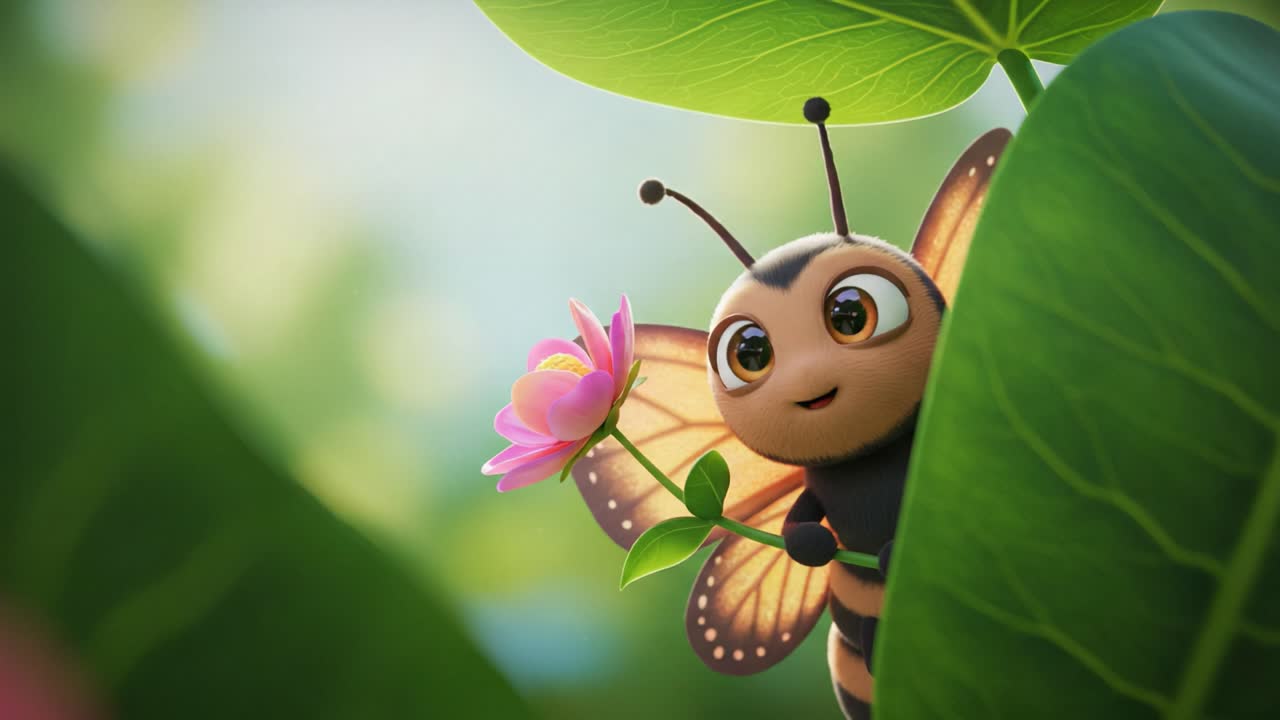 A Charming Animated Bee with Butterfly Wings Delicately Holding a Flower, Capturing a Moment of Serenity Amongst Lush Greenery in a Vibrant Environment