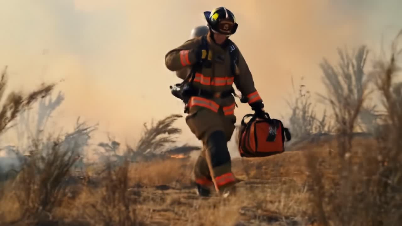 A courageous firefighter navigates through smoke-filled terrain, carrying vital equipment to combat the raging flames and protect the surrounding landscape from destruction