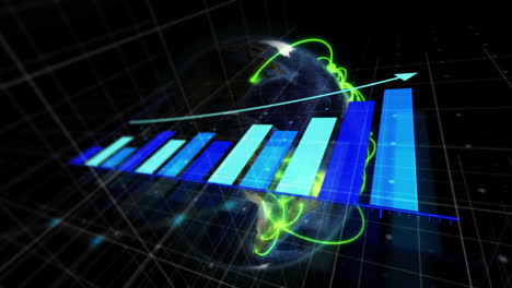 animation of arrow on growing bar graph and lines over rotating globe over black background