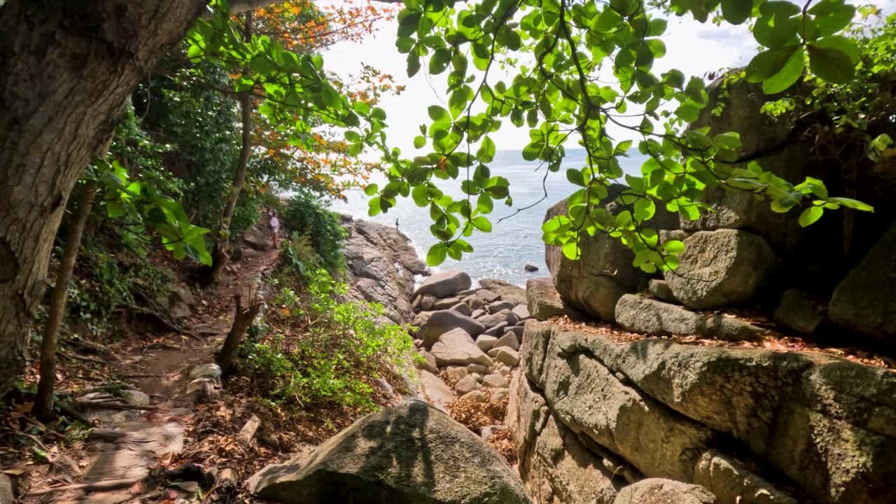 A serene forest path in Phuket, Thailand, reveals ocean views. Lush greenery and rocky terrain create a tranquil atmosphere