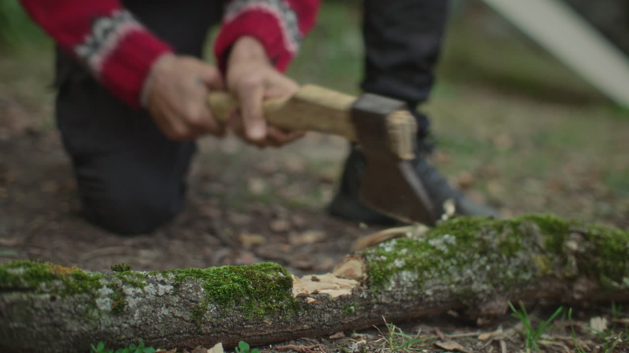 Close Up View of Man Chopping Mossy Log with Axe in Forest