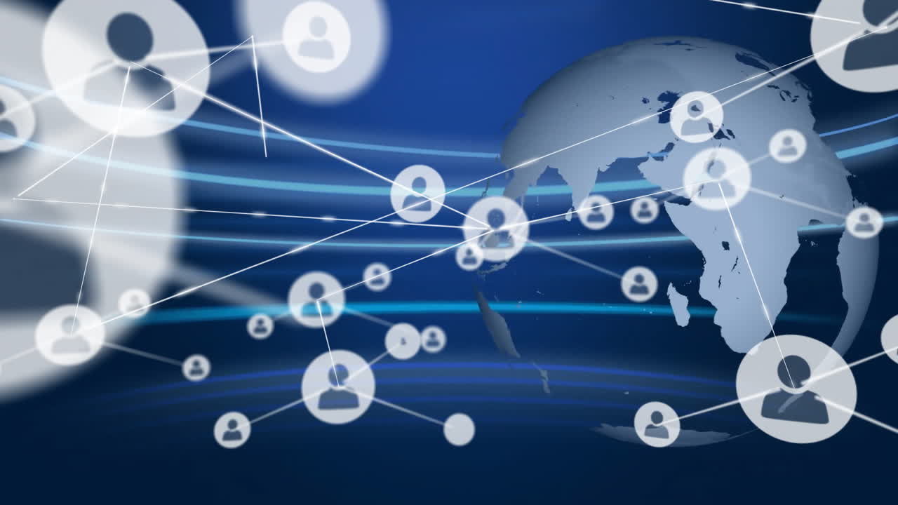 파란색 바탕에 전 세계에 있는 아이콘으로 연결된 네트워크의 애니메이션