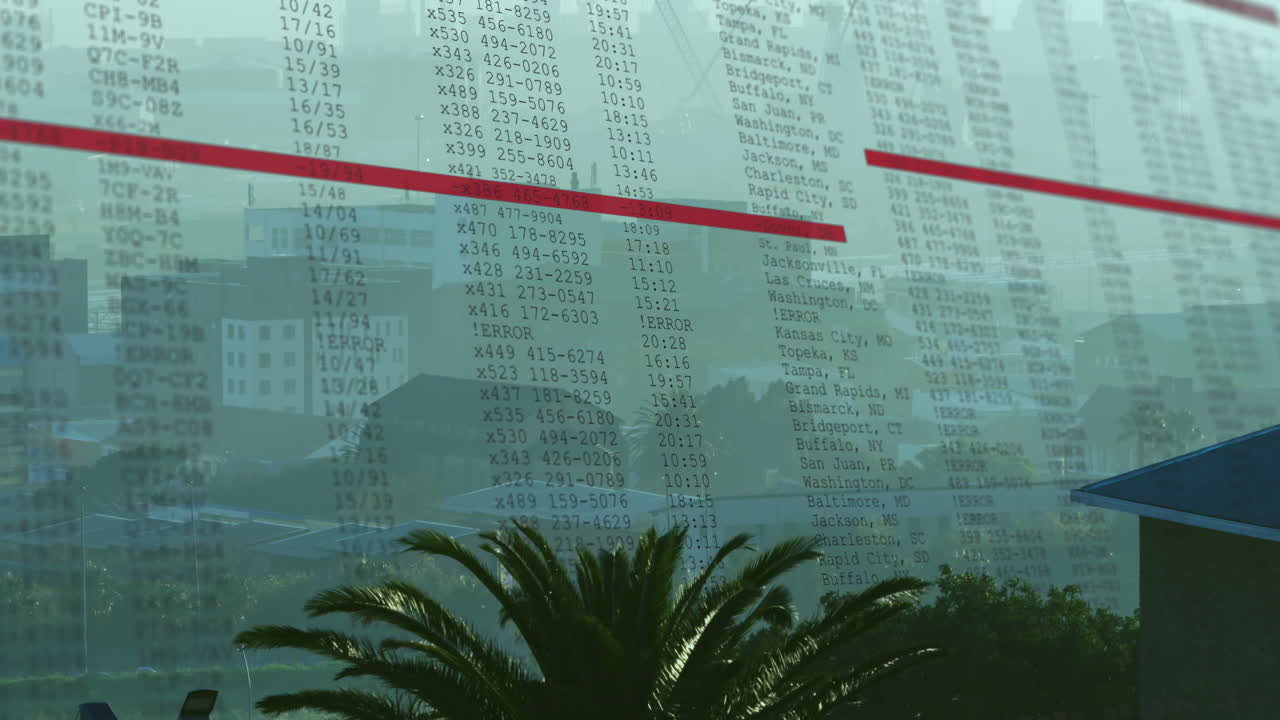 animación del procesamiento de datos frente a una vista aérea del paisaje urbano