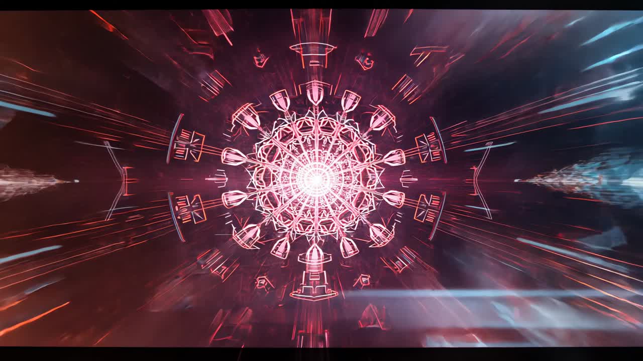 Brightening central neon lattice rotating in cosmic void, with pink radial beams and grid lines