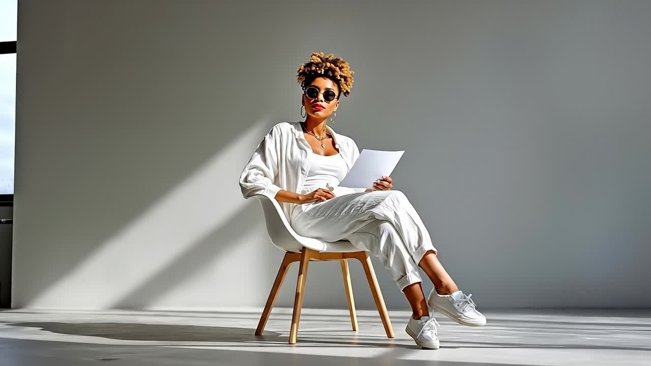 A woman sitting on a chair reading a piece of paper