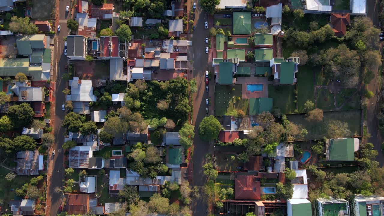 Puerto Iguazú city houses Argentina aerial drone top down view homes neighbourhood