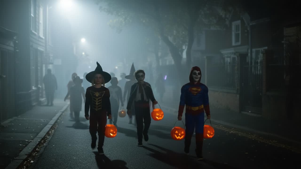 A Spooky Halloween Night: Children in Costumes with Pumpkin Buckets Walking Through a Misty Street - Celebrating the Joy of Trick-or-Treating Under the Moonlight