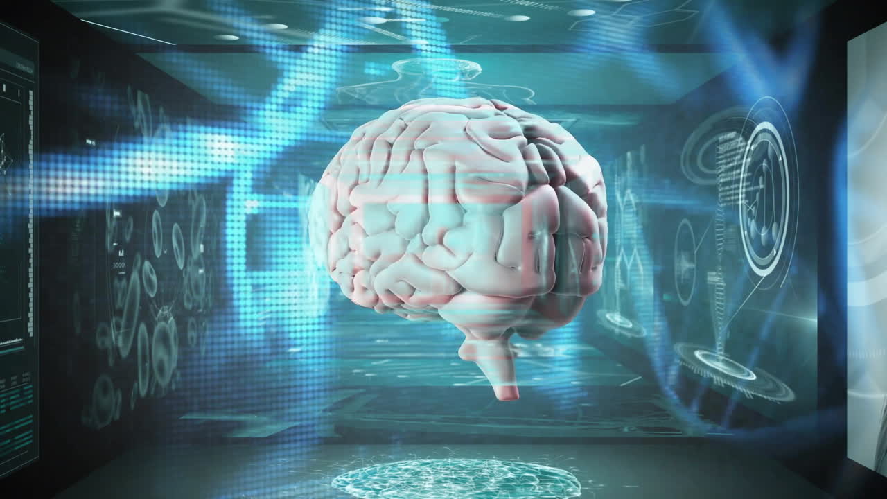 Animation of futuristic digital brain hologram with blue tech background in school