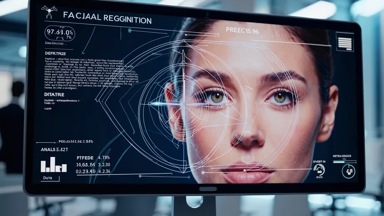 Close-up of a futuristic facial recognition interface on a screen, angled slightly from the side