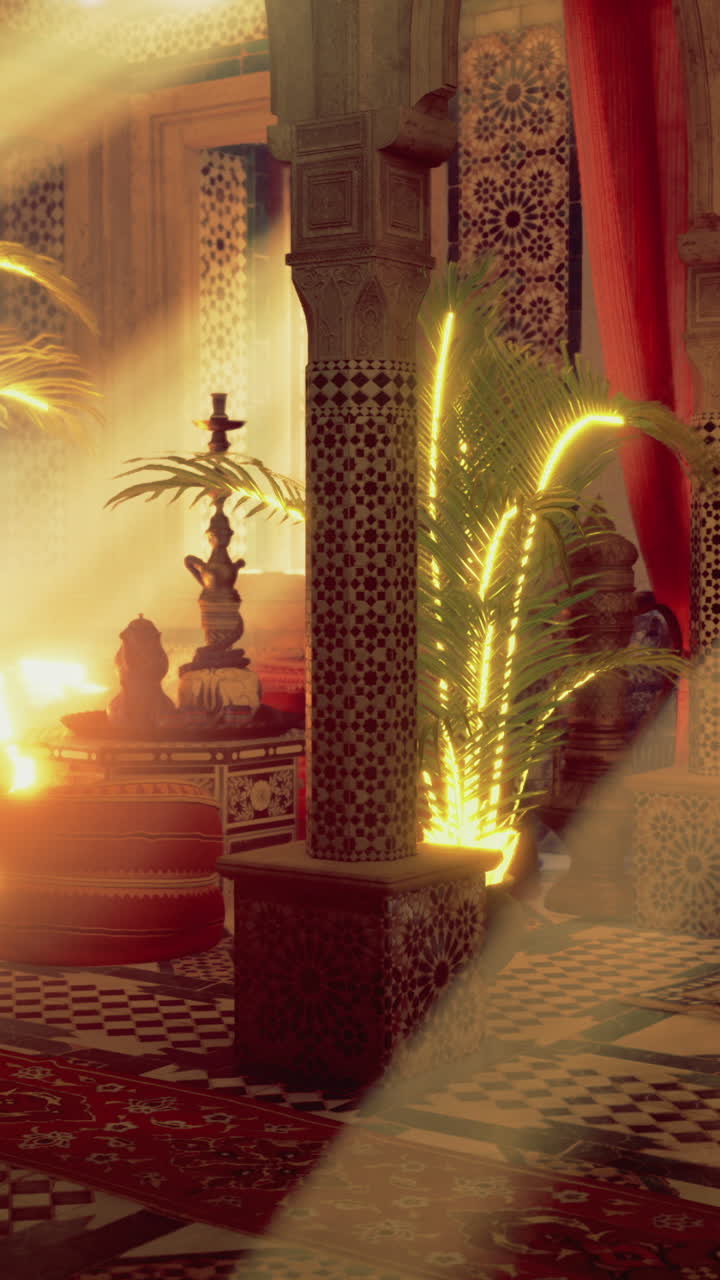 Charming interior of a moroccan lounge with golden sunlight illuminating space