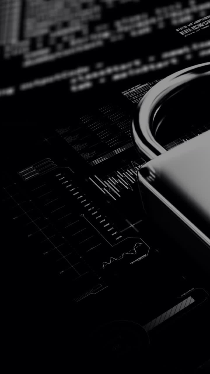 Animation of data processing and online security digital padlock on black background