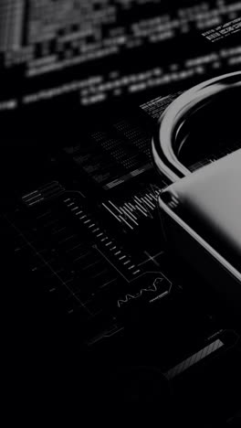 animation of data processing and online security digital padlock on black background