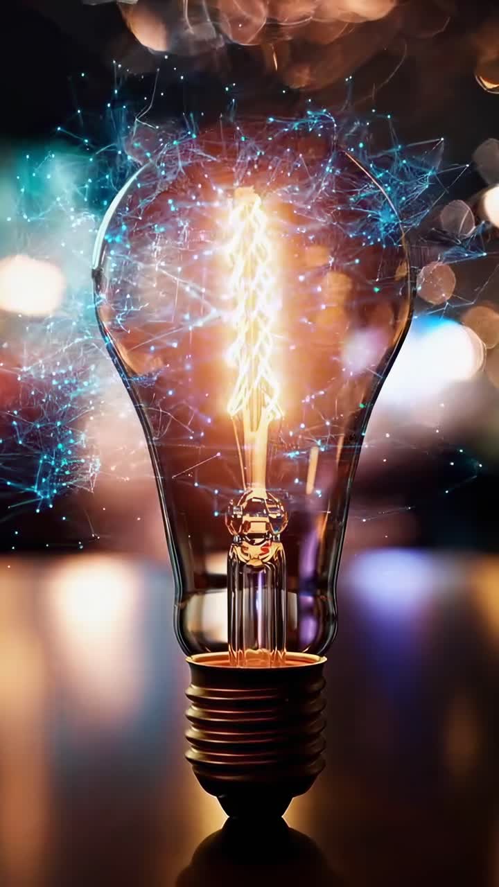 Primo piano di una lampadina luminosa con sovrapposizione di rete digitale, ripresa all'altezza degli occhi, concept video.