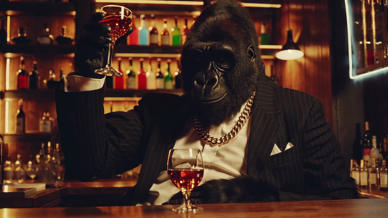 고릴라 사업가 가 술집 에서 축하 하고 있다