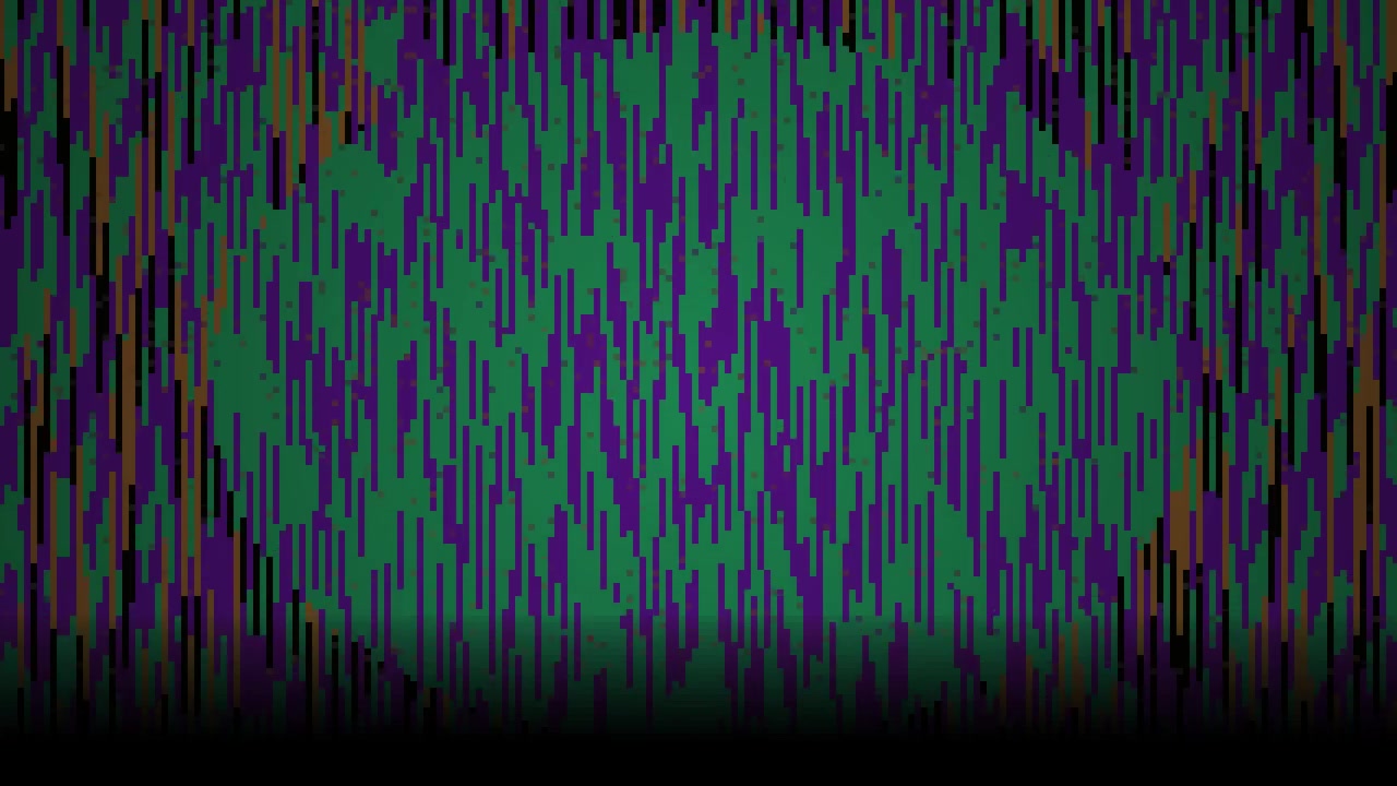 Modello di glitch digitale astratto con pixel verdi e viola in movimento