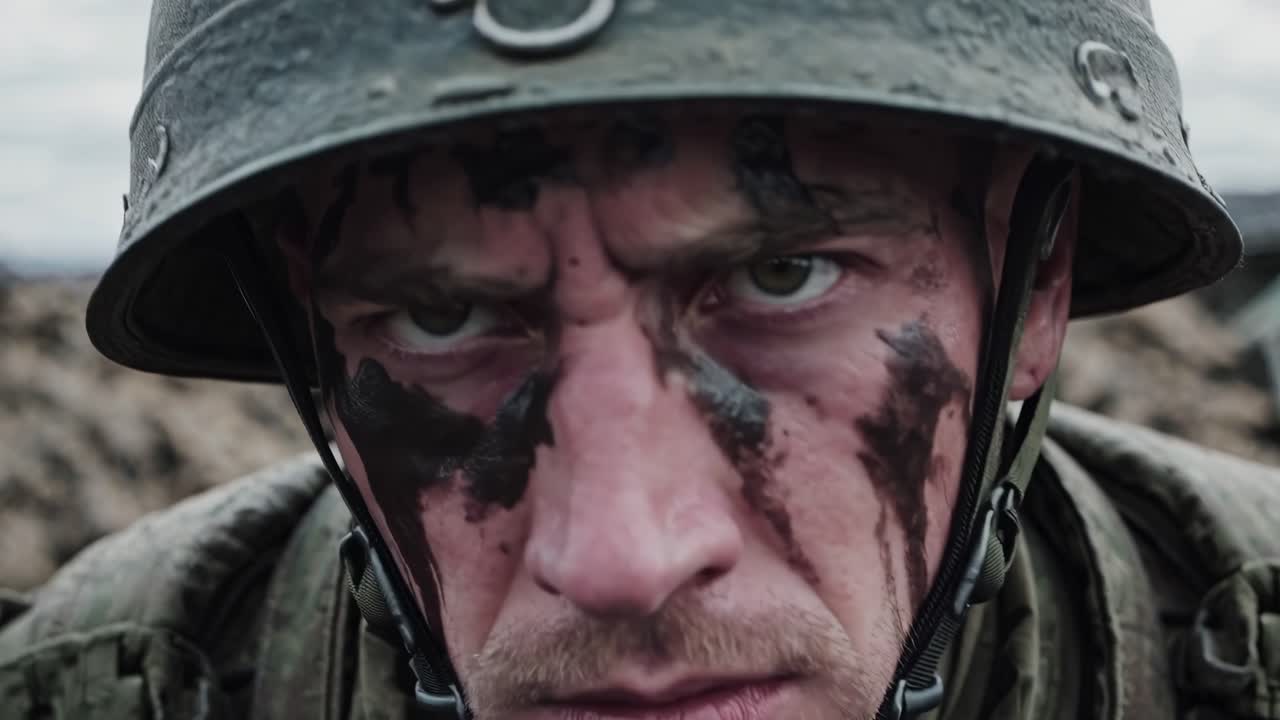 Close up of a determined soldier wearing camouflage face paint and a helmet, standing on a battlefield, conveying a sense of tension and readiness