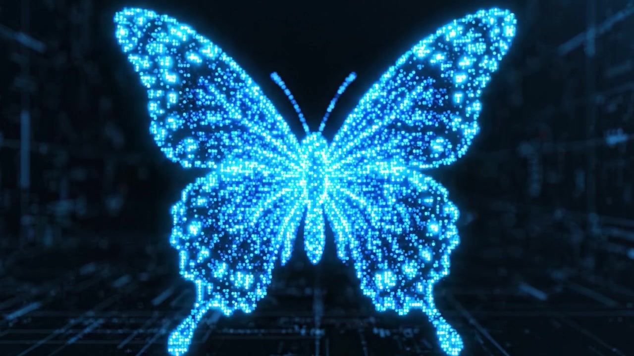 A Stunning Digital Butterfly Animation: A Mesmerizing Display of Artistry and Technology in a Vivid Blue Glowing Form Against a Futuristic Backdrop