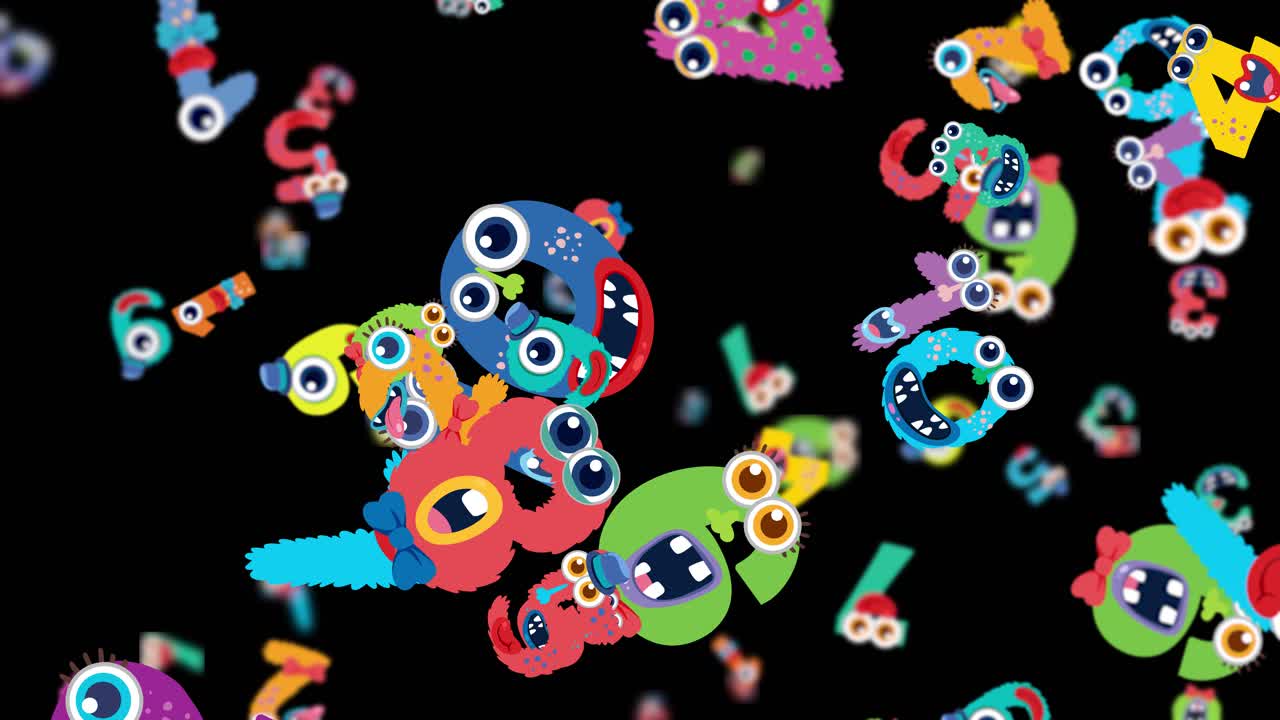 Vibrant letters and numbers with monster faces animate playfully against a black background, creating a lively and whimsical atmosphere