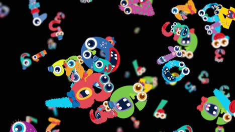 Vibrant letters and numbers with monster faces animate playfully against a black background, creating a lively and whimsical atmosphere