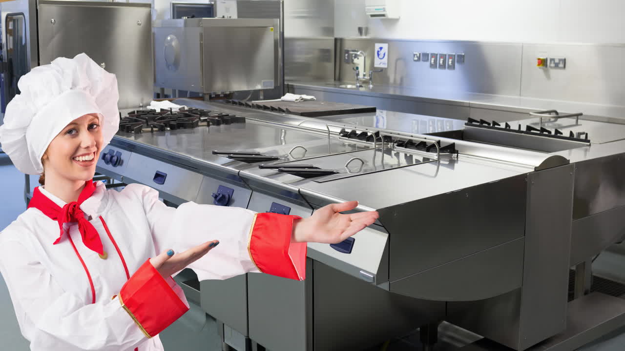 animación de una chef caucásica sobre una cocina vacía