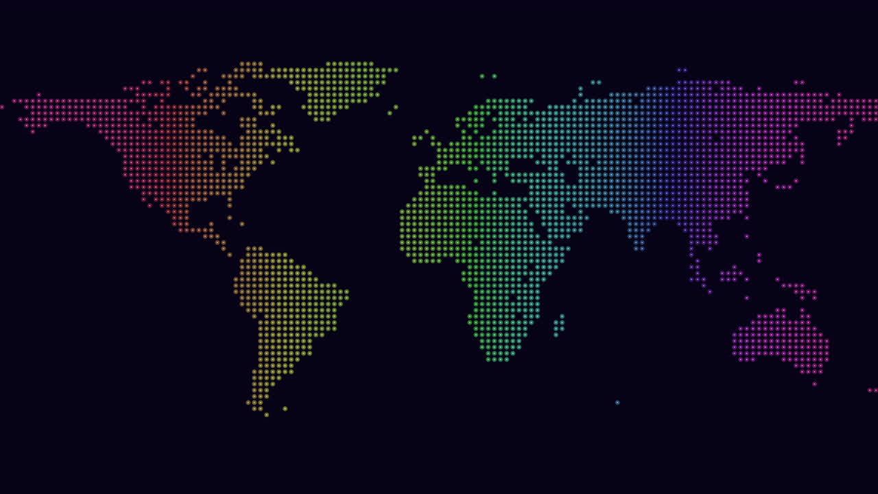 An illustrative world map comprising colored dots, symbolizing different nations or regions. The varied colors epitomize the diverse cultures and people across the globe