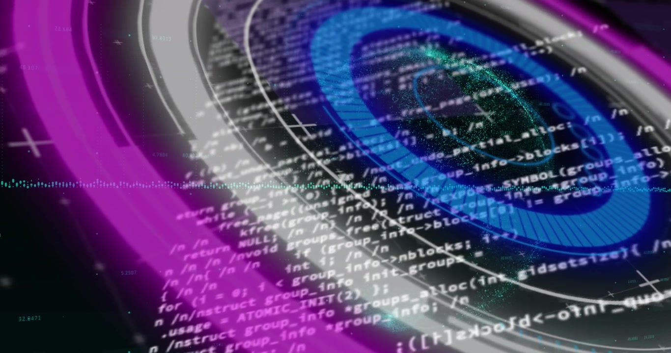 Animation of neon round scanner spinning over data processing against black background