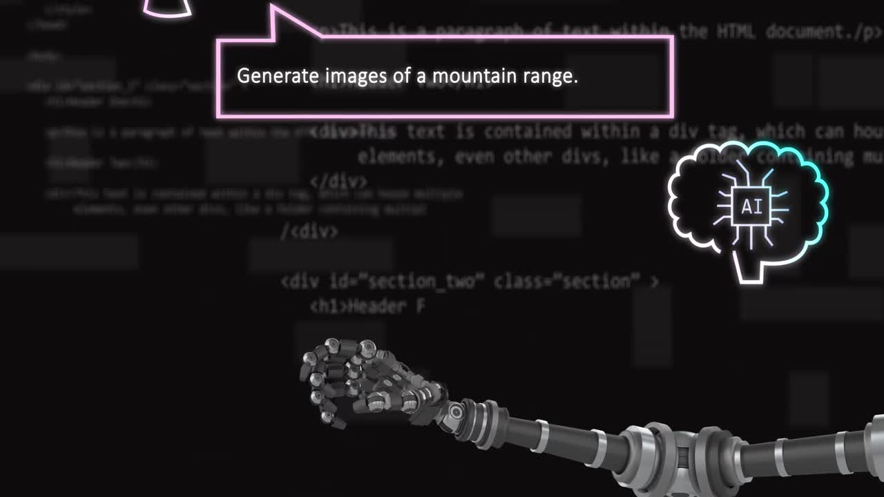 Animation of ai data processing over speech bubble and dark background
