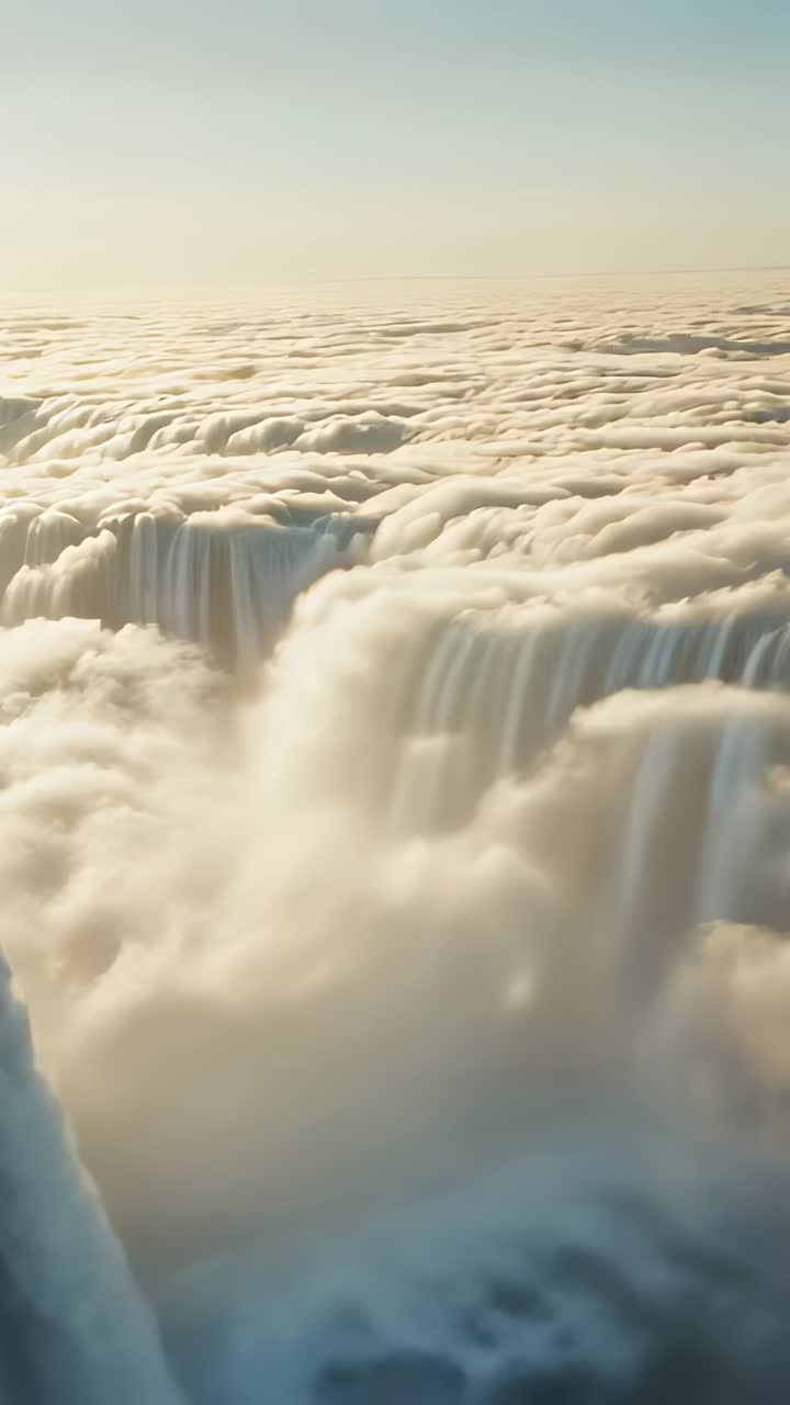 Video verticale: ripresa aerea con telecamera che scivola mostrando cascate di nuvole che si riversano sul ponte, con pennacchi di nebbia