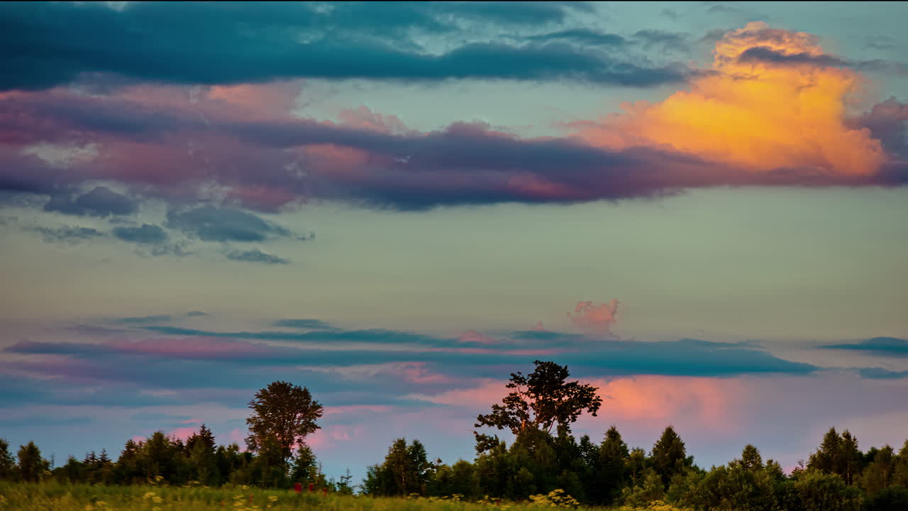 toma en ángulo bajo del movimiento de nubes pesadas en lapso de tiempo sobre pastizales rurales rodeados de árboles durante la noche después de la puesta del sol