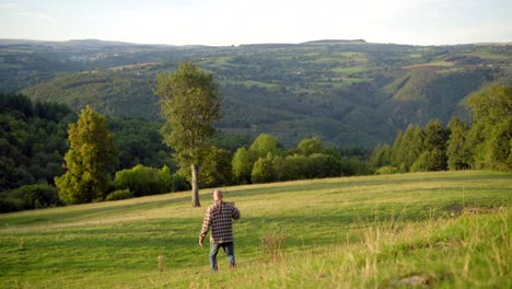 lumberjack walking with an axe on his shoulder in a beautiful countryside scenery, with green mountains and forest at sunset