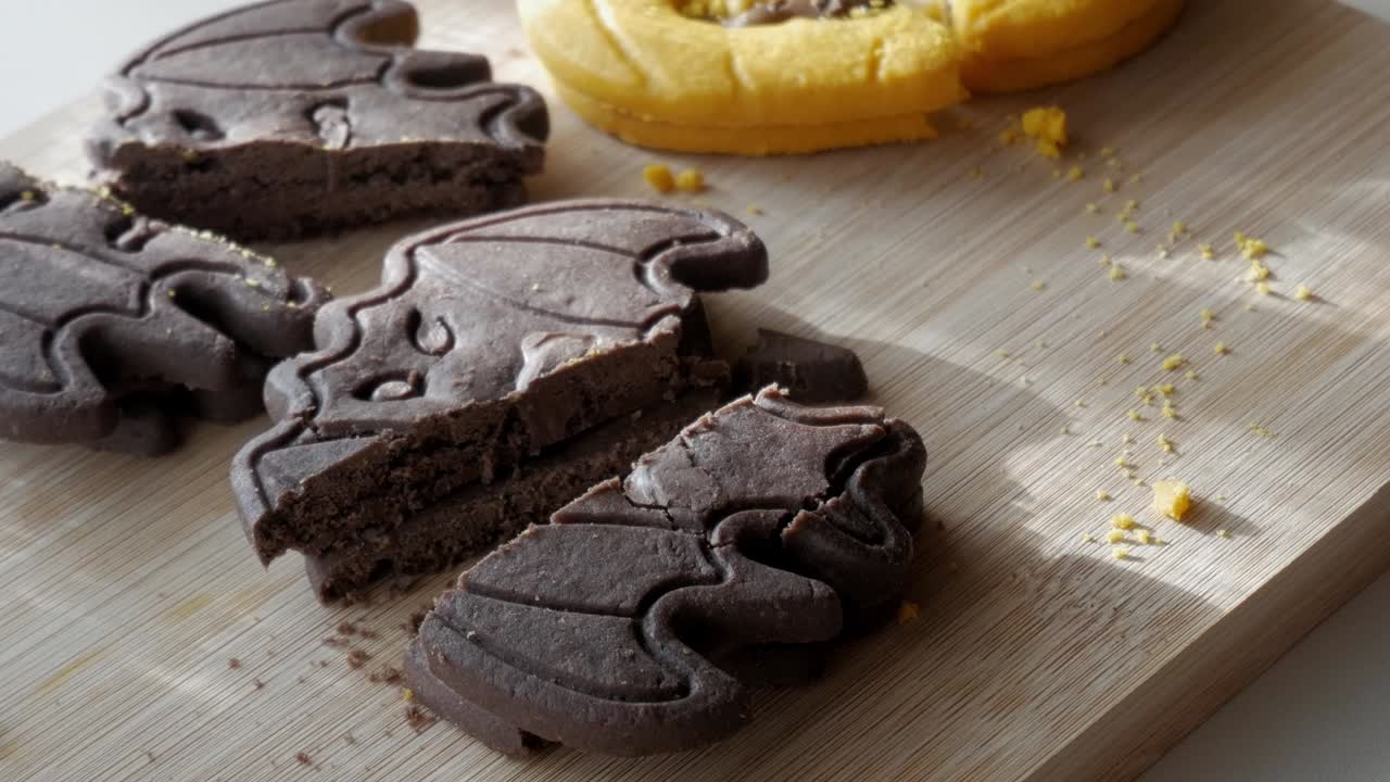 Primo piano di biscotti al cioccolato a forma di pipistrello su una tavola di legno con briciole e luce calda, per creare una piacevole atmosfera autunnale