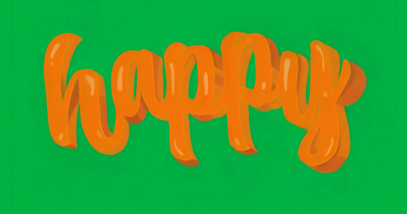 On play stylized 3D happy text tilting from right to left showcasing transition on clear background