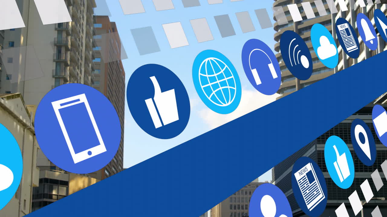Animation of digital icons floating over skyscrapers, showcasing technology and communication
