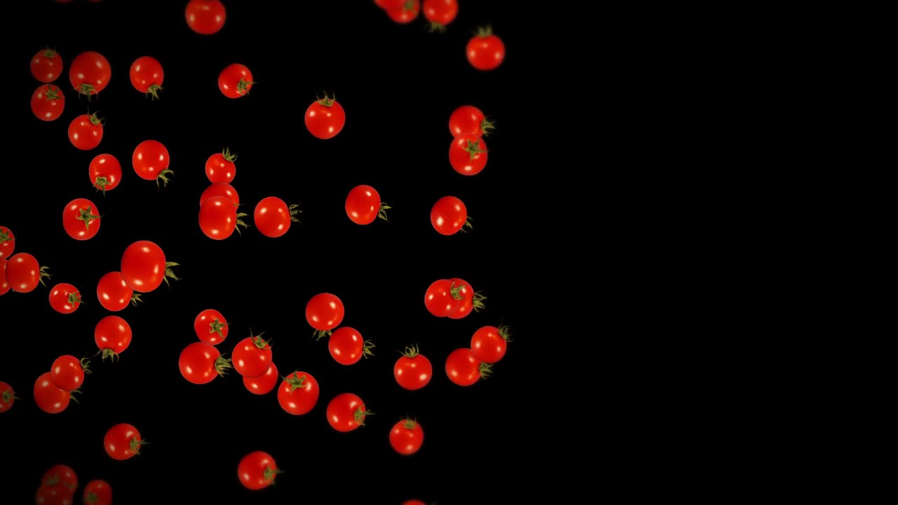검은색 바탕에 많은 신선한 토마토를 날아. 유기 채소. 익은 맛있는 체리 토마토. 토마토 회전의 3d 루프 애니메이션.