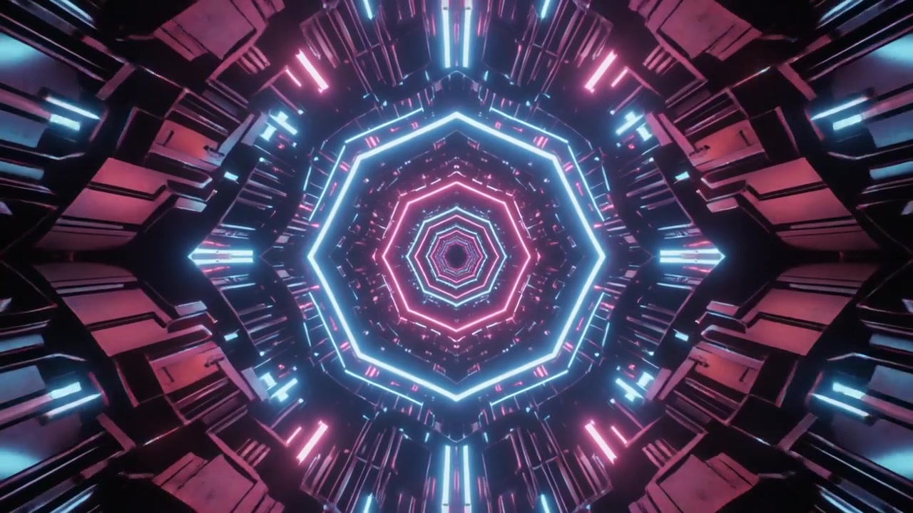 Futuristic Neon Octagonal Tunnel with Glowing Lights