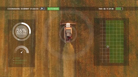 Electric combine, harvester removes oats, hud, view from height, motion graphics elements.