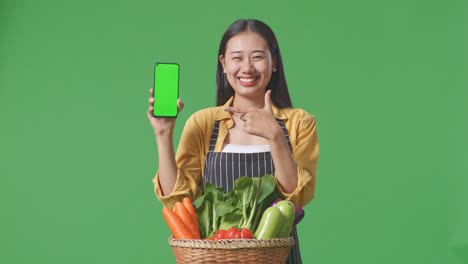 채소 바구니 를 들고 모바일 스크린 을 표시 하는 여자