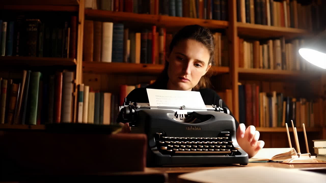 Woman Writing on a Typewriter in a Library