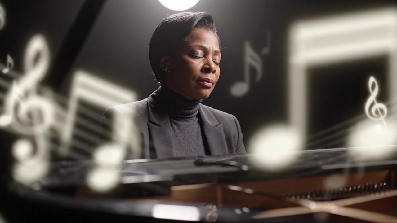 Una musicista contemplativa persa nei pensieri, che suona elegantemente il pianoforte sotto una luce soffusa, mostrando l'emozione e l'arte della sua performance musicale.