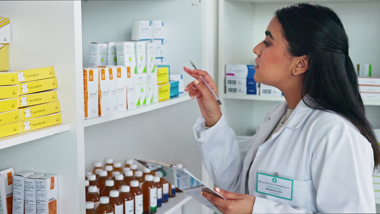 약사 가 약약 을 찾기 위해 클립보드 를 확인 하고 있다