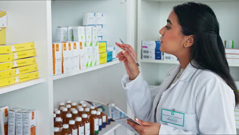 Pharmacist-checking-clipboard-for-medication-pills